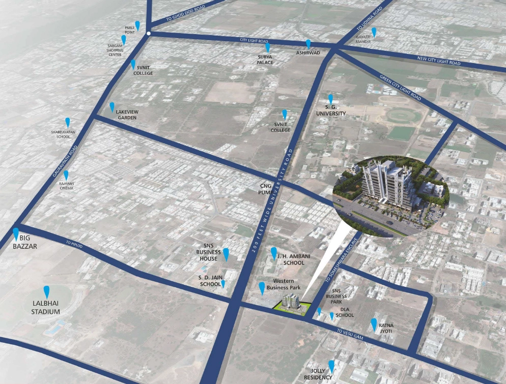 Location map for Vesu Point commercial project in Vesu Surat